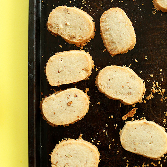 Baking sheet with freshly baked Vegan Gluten-Free Banana Pecan Shortbread Cookies