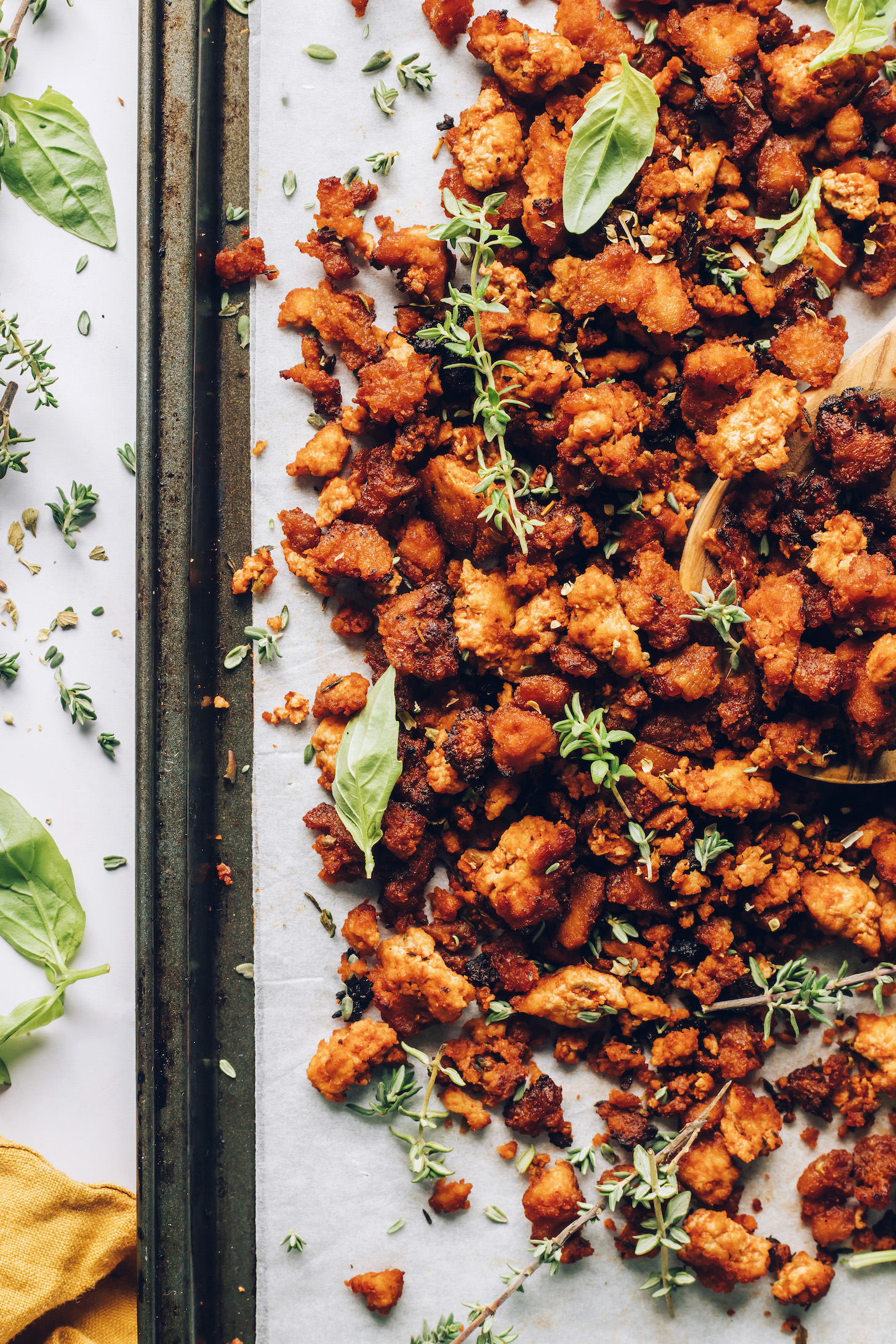 Pan of crispy baked tofu with Italian herbs