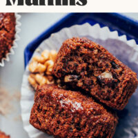 Two muffins on a plate with text above them saying vegan + gluten-free 1-bowl banana buckwheat muffins