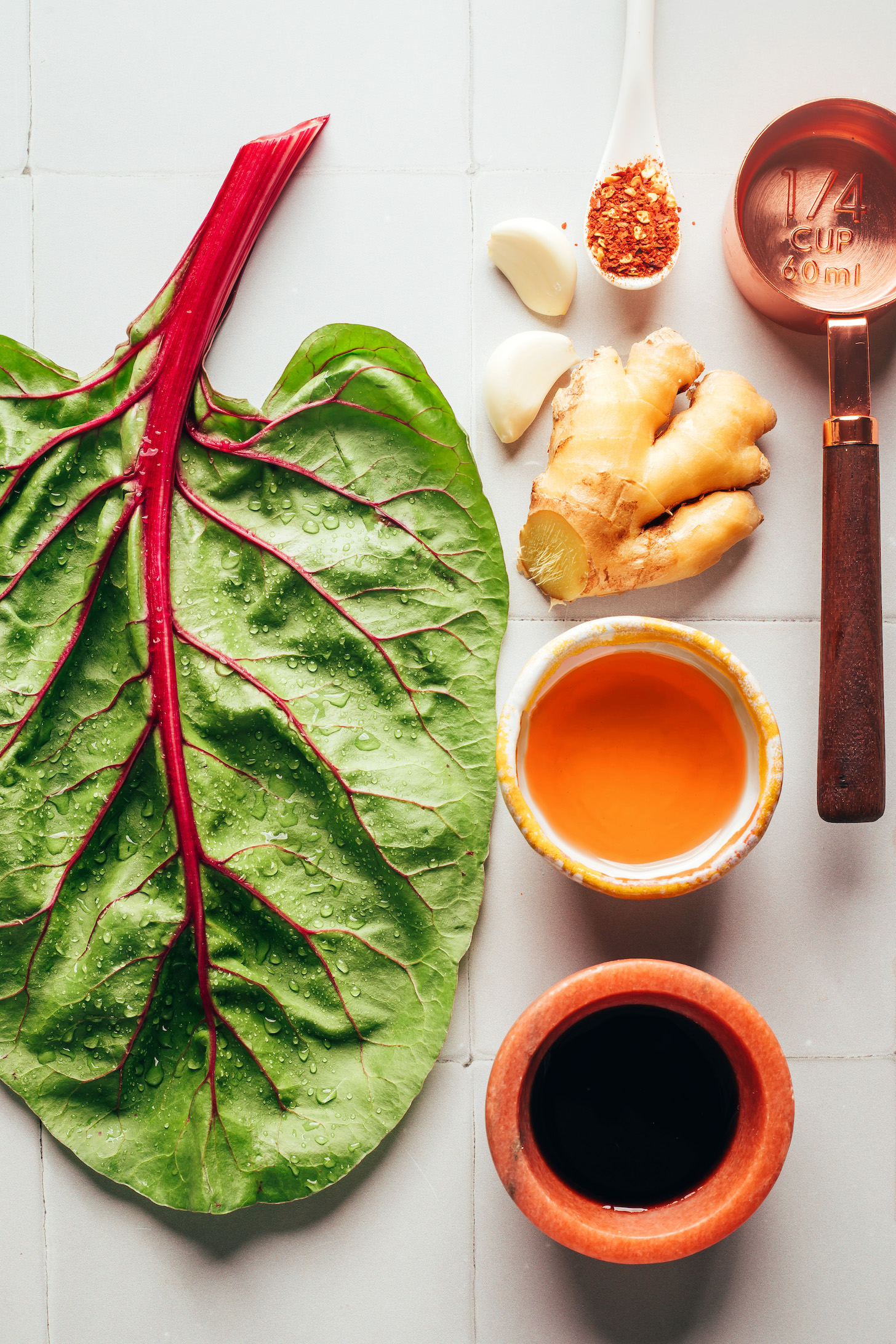 Swiss chard, garlic, ginger, red pepper flakes, water, toasted sesame oil, and tamari