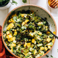 Spoon in a bowl of charred shishito pepper mango salsa