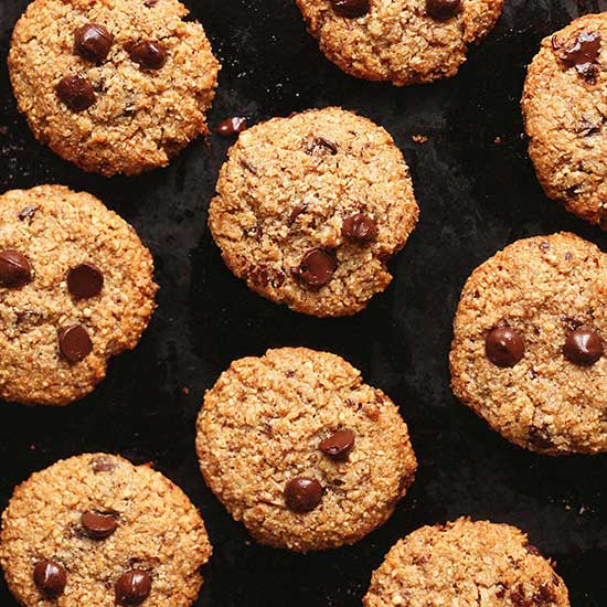 Close up shot of a batch of crunchy Almond Meal Chocolate Chip Cookies