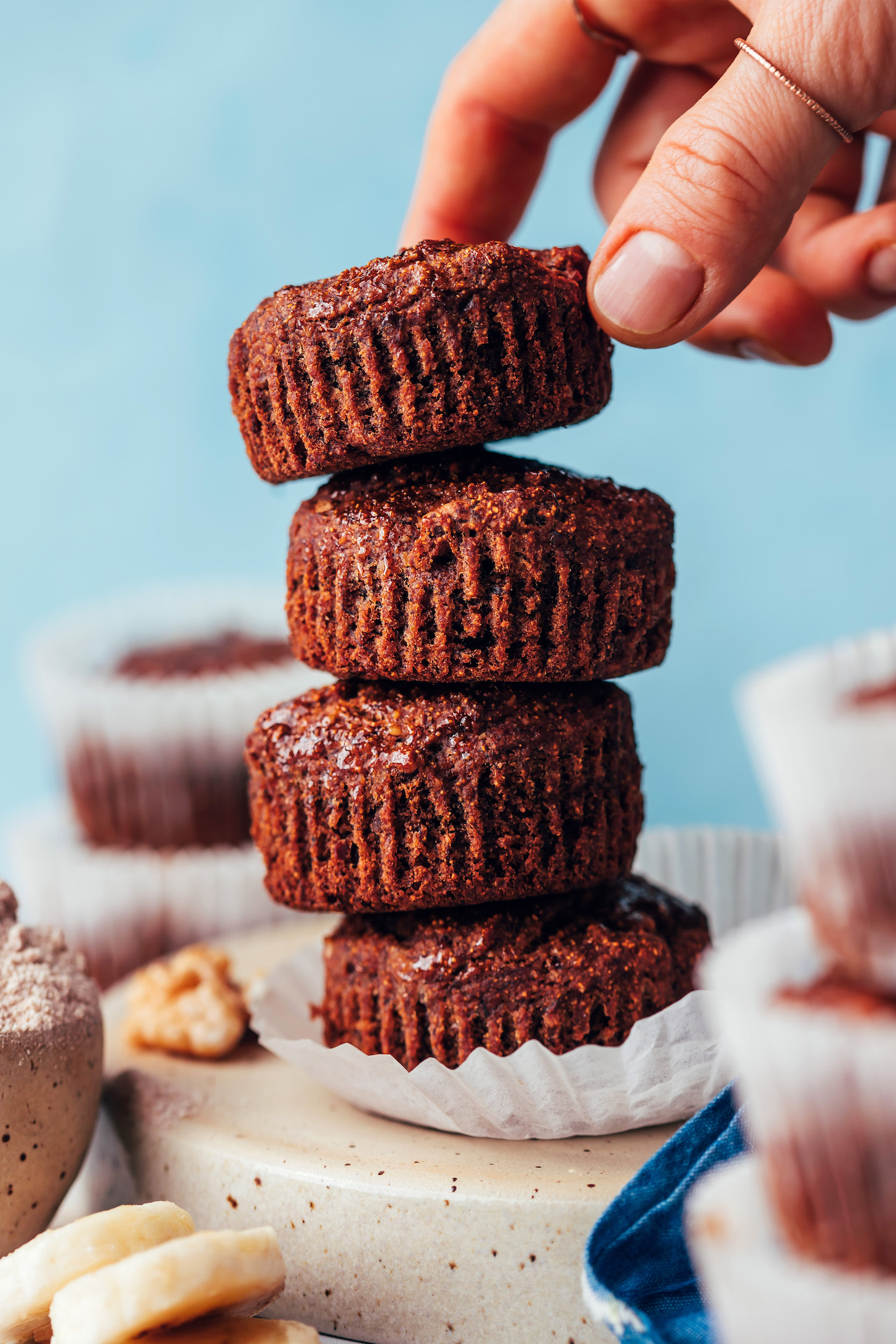 Stack of vegan gluten-free banana buckwheat muffins